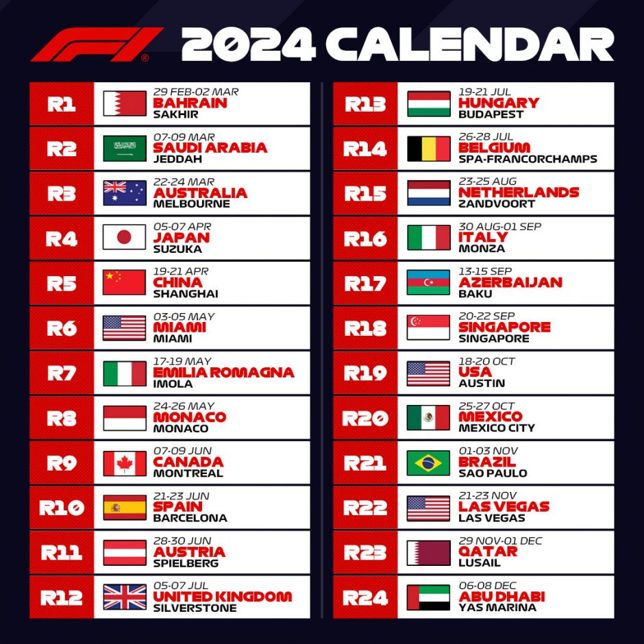 Calendrier 2024 24 courses prévu pour le championnat du monde de F1